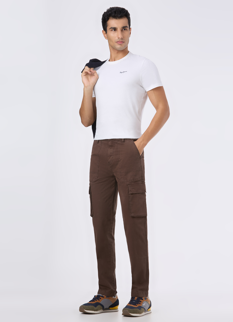 Men  Brown Overdyed Mid Rise Utility Stretch Cargo Pants, , large image number 0