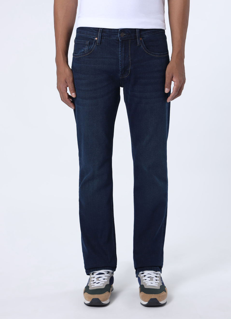 Men Mid Rise Dark Blue Straight Fit Stretchable Jeans, , large image number 1