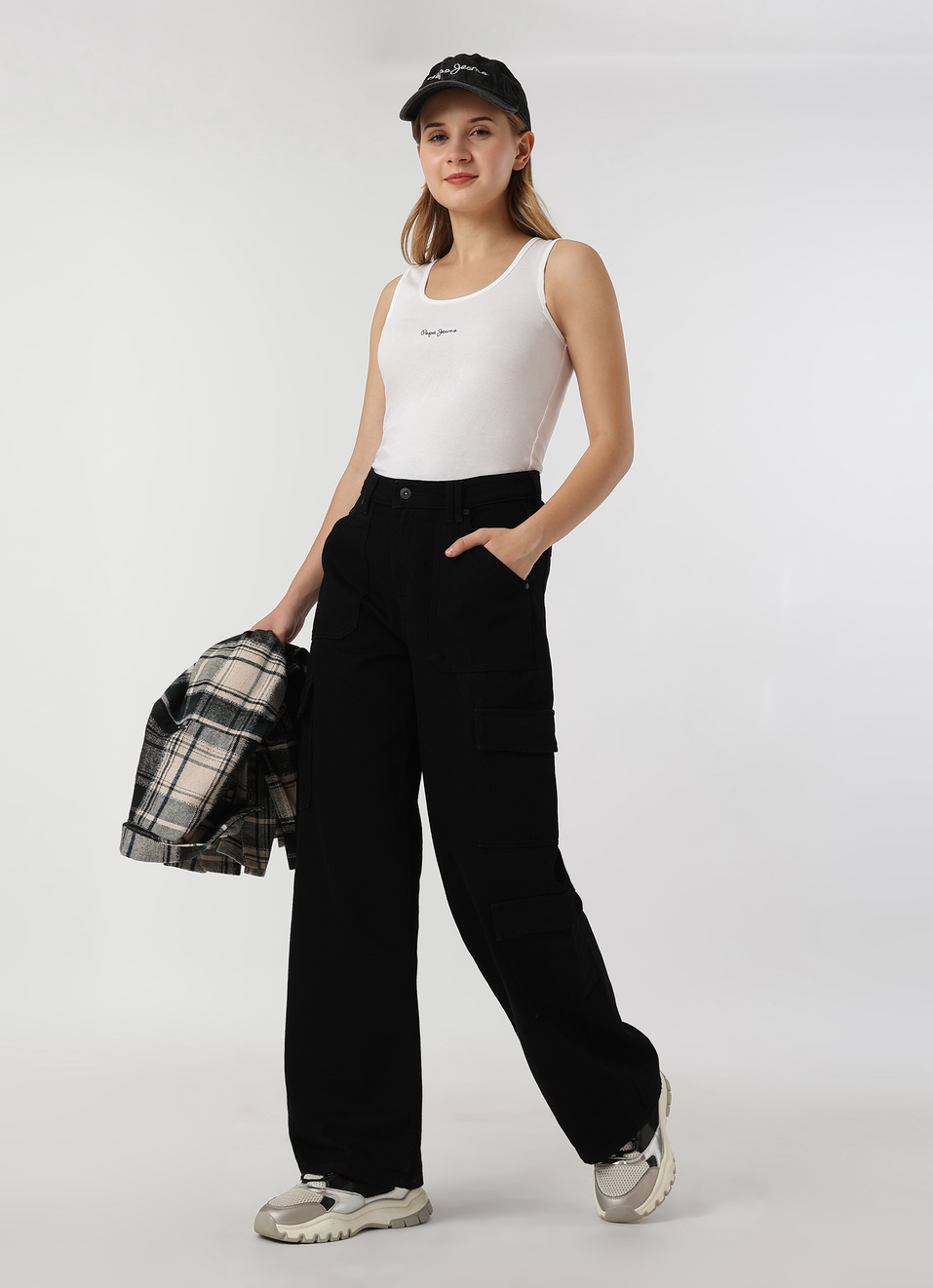 Women Black High Rise Straight Fit Cargo Jeans, , large image number 0