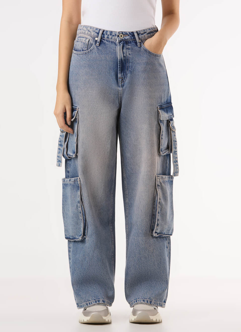 Women Blue High Rise Straight Fit Cargo Jeans, , large image number 1