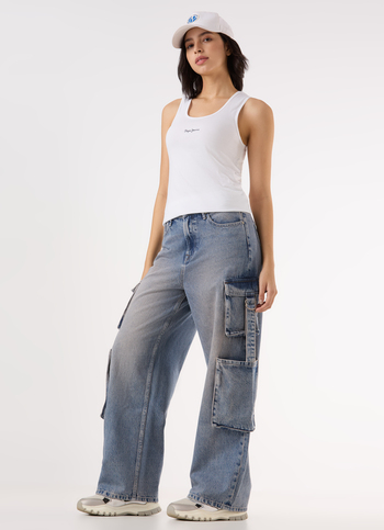 Women Blue High Rise Straight Fit Cargo Jeans