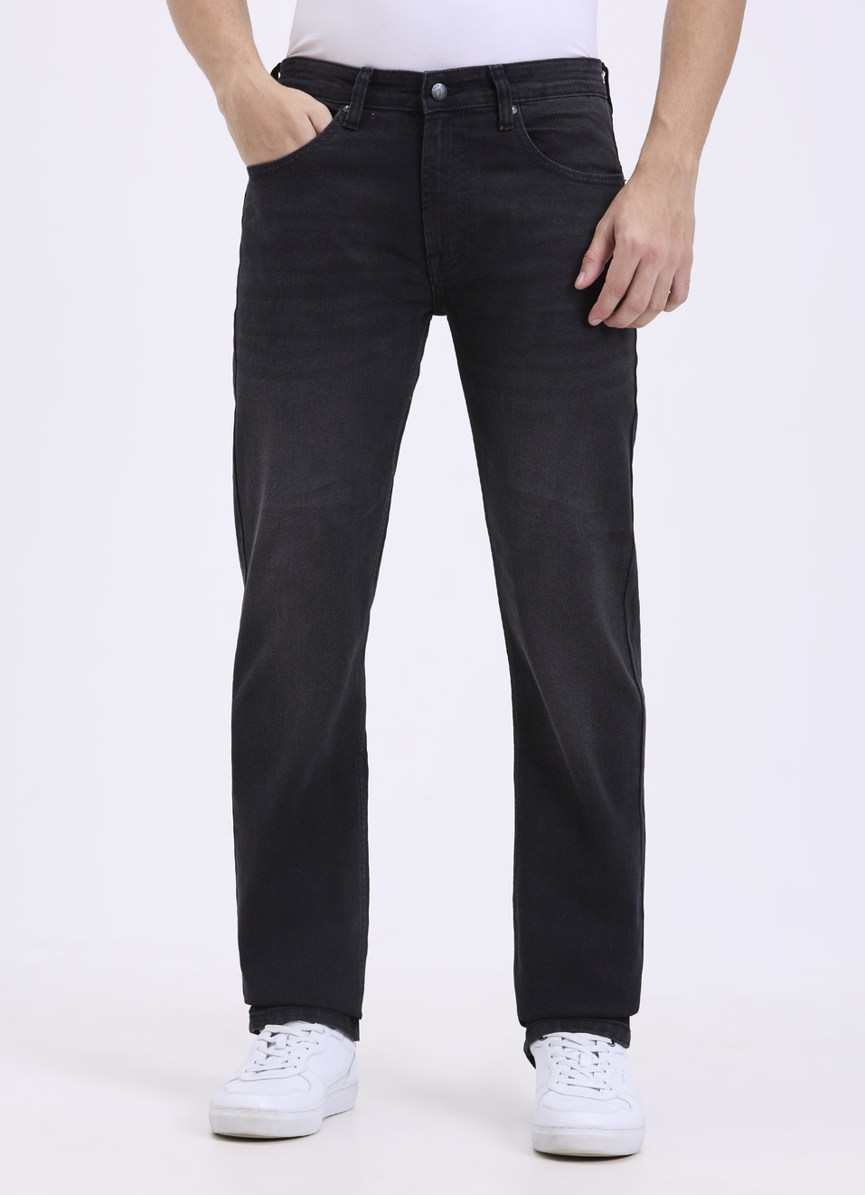 Men Black Clean-look Straight Fit Stretch Jeans, , large image number 1