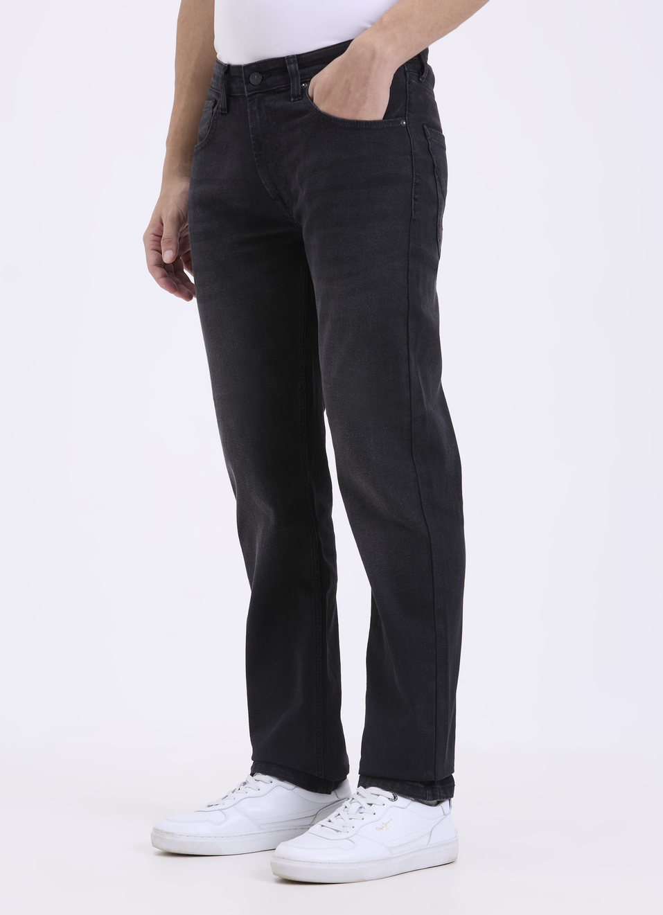 Men Black Clean-look Straight Fit Stretch Jeans, , large image number 3