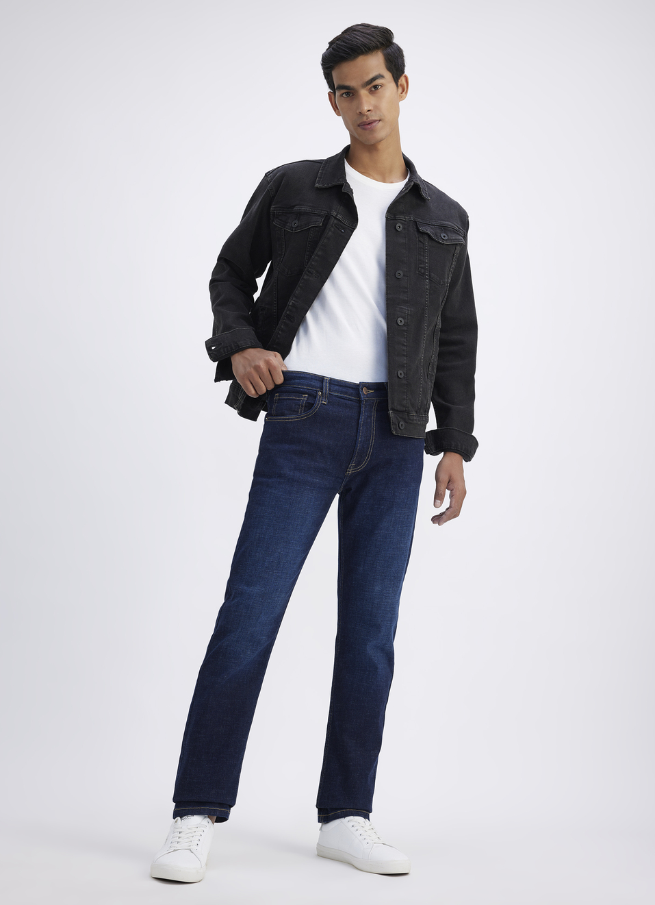 Men Blue Straight Fit Stretch Mid Rise Jeans, , large image number 0