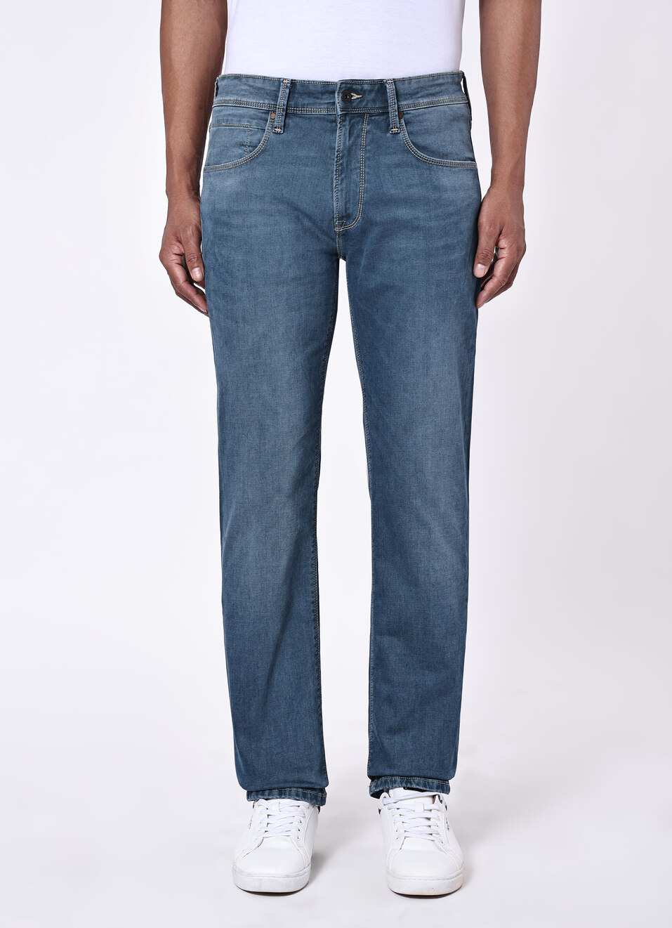 Men Blue Mid Rise Stretchable Straight Leg Jeans, , large image number 1