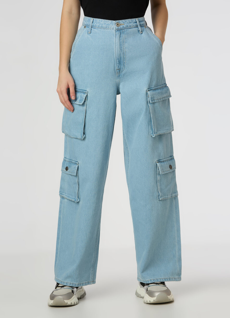 Women Light Blue High Rise Cargo Jeans, , large image number 1