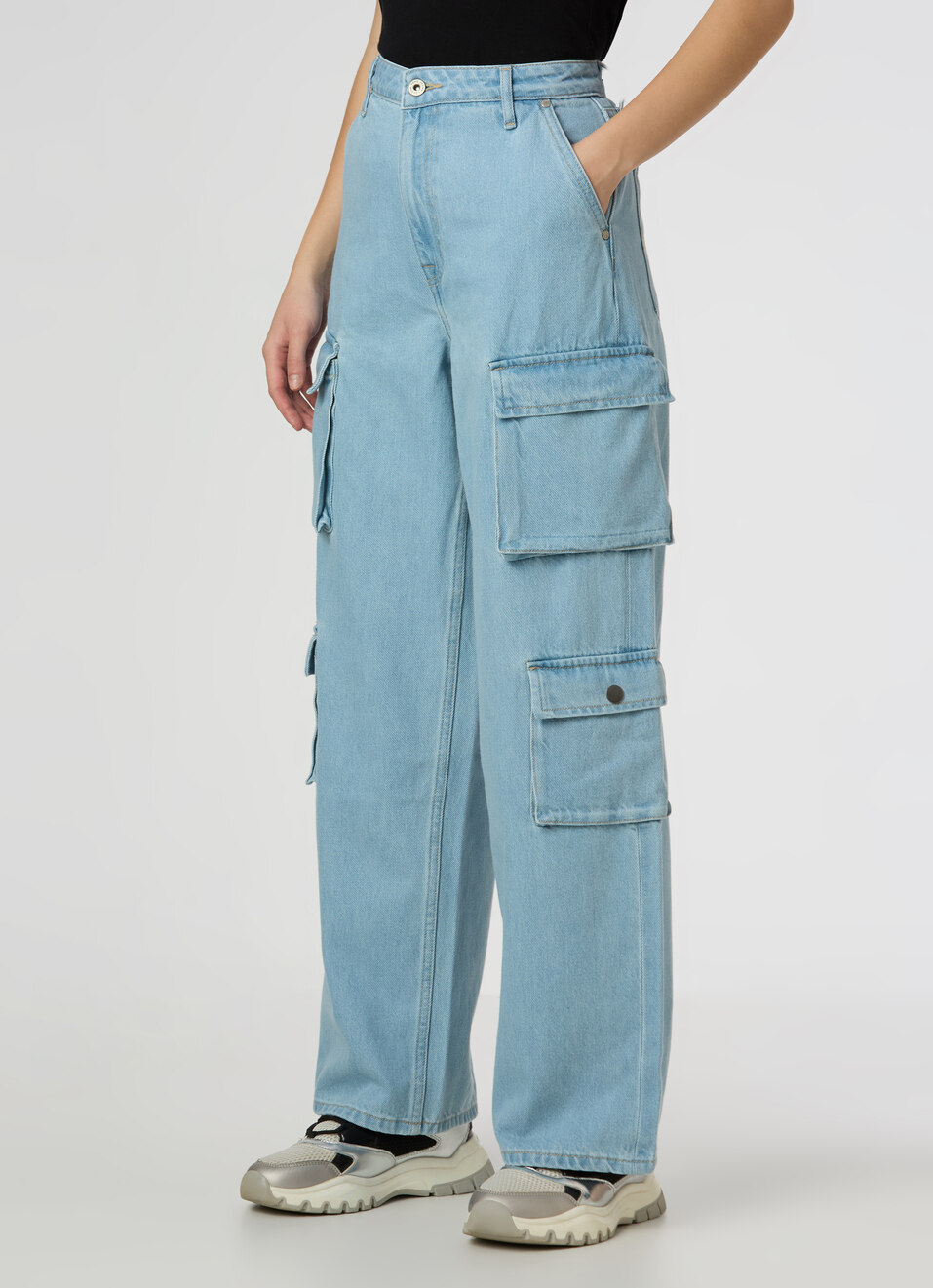 Women Light Blue High Rise Cargo Jeans, , large image number 3