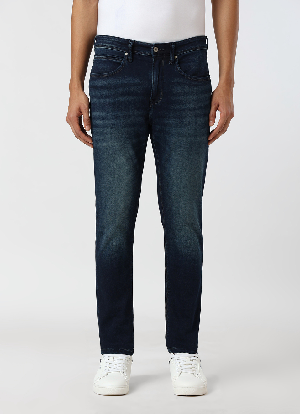 Men Dark Blue Mid Rise Slim Fit Gymindigo Jeans, , large image number 1