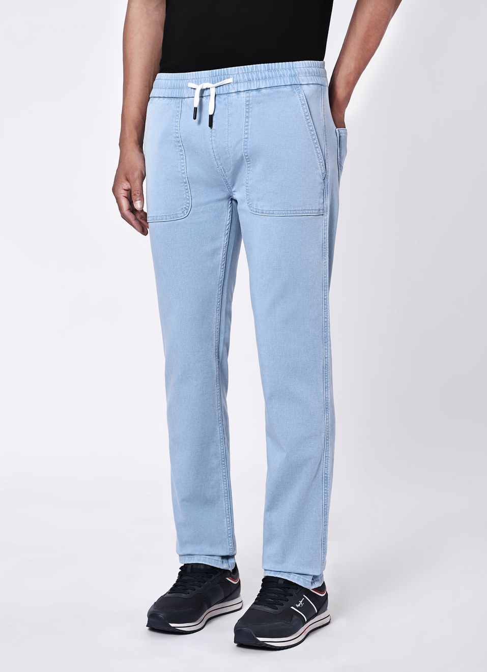 Men Light Blue Mid Rise Stretchable Straight Leg Jogger Style Jeans, , large image number 3