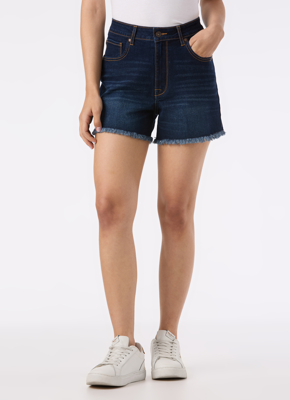 Women Blue High Rise Regular Fit Frayed Hem Denim Short, , large image number 1
