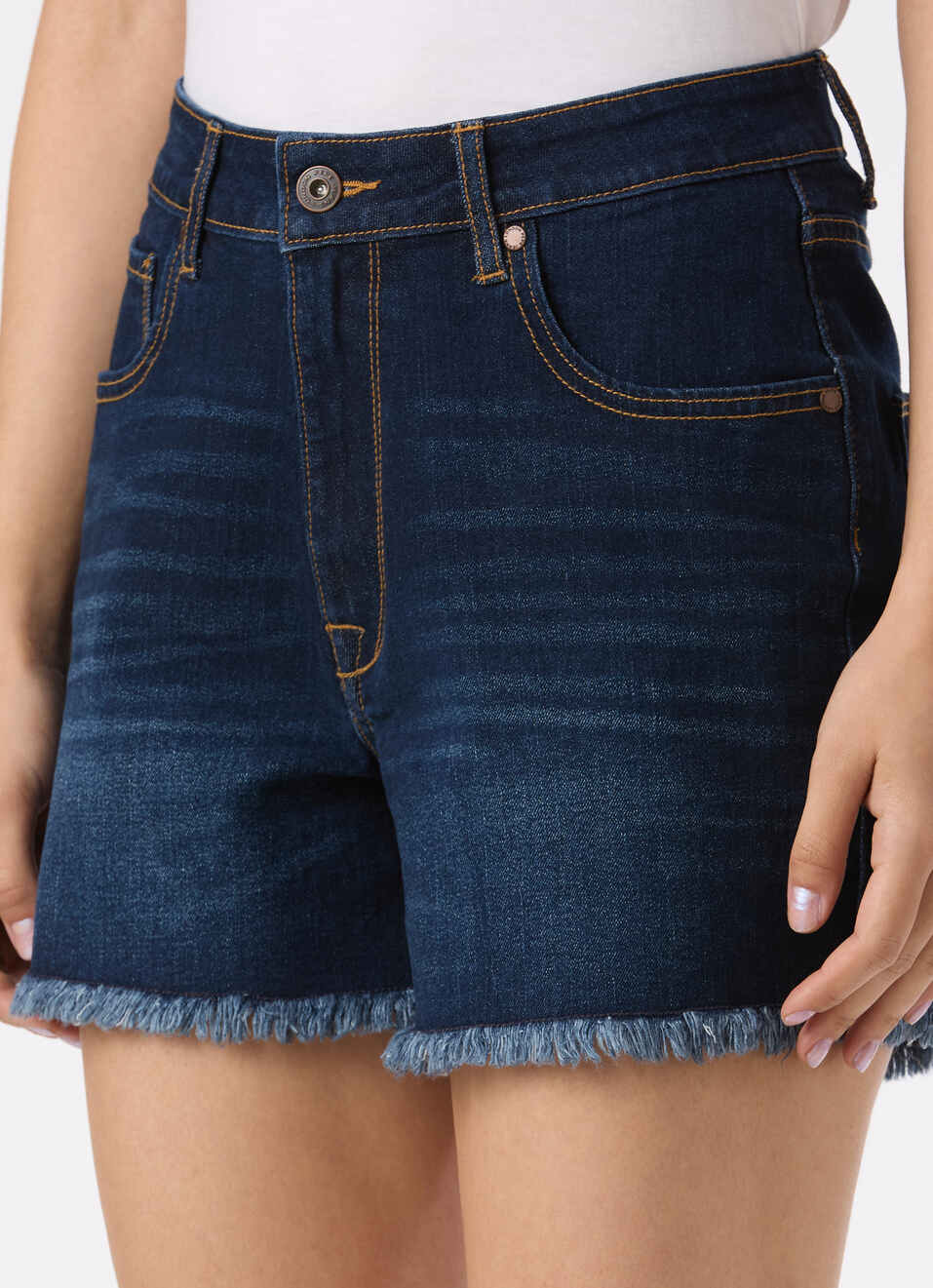Women Blue High Rise Regular Fit Frayed Hem Denim Short, , large image number 4