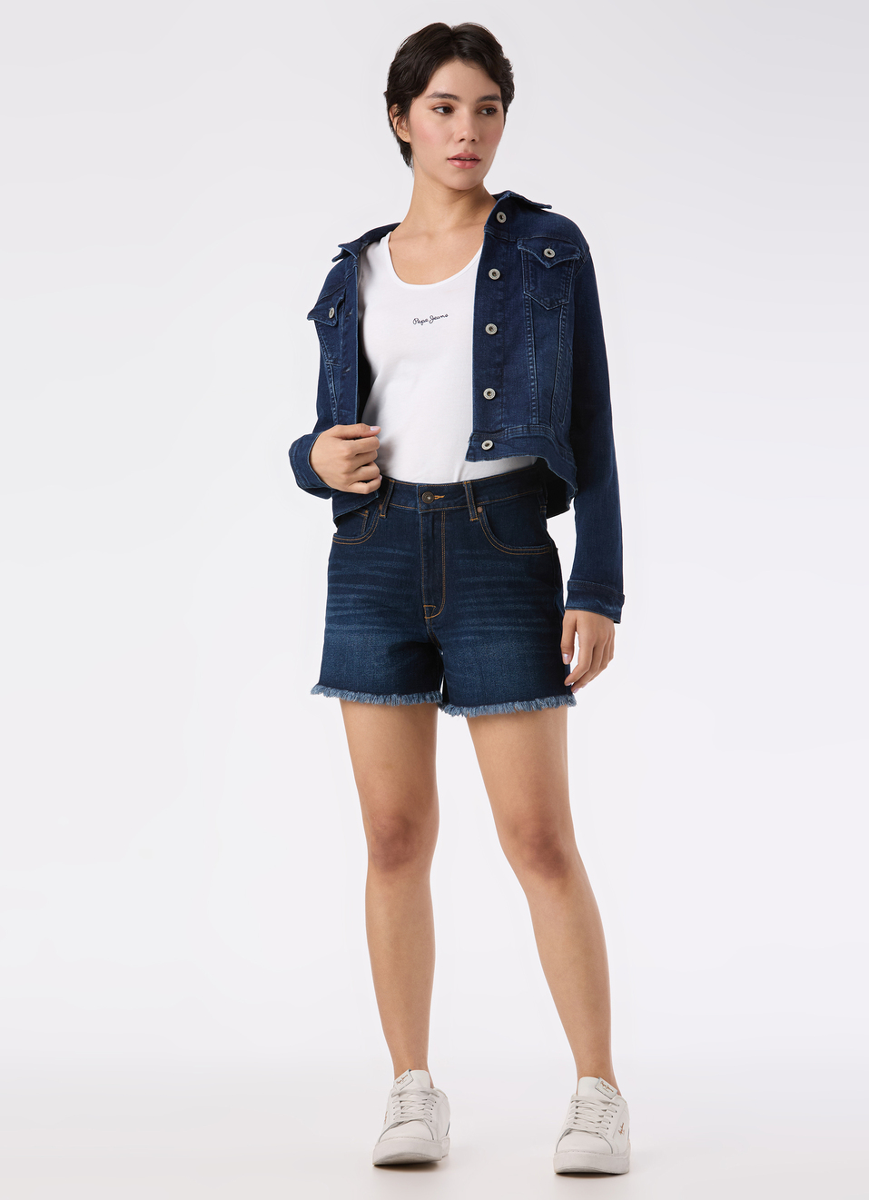 Women Blue High Rise Regular Fit Frayed Hem Denim Short, , large image number 0