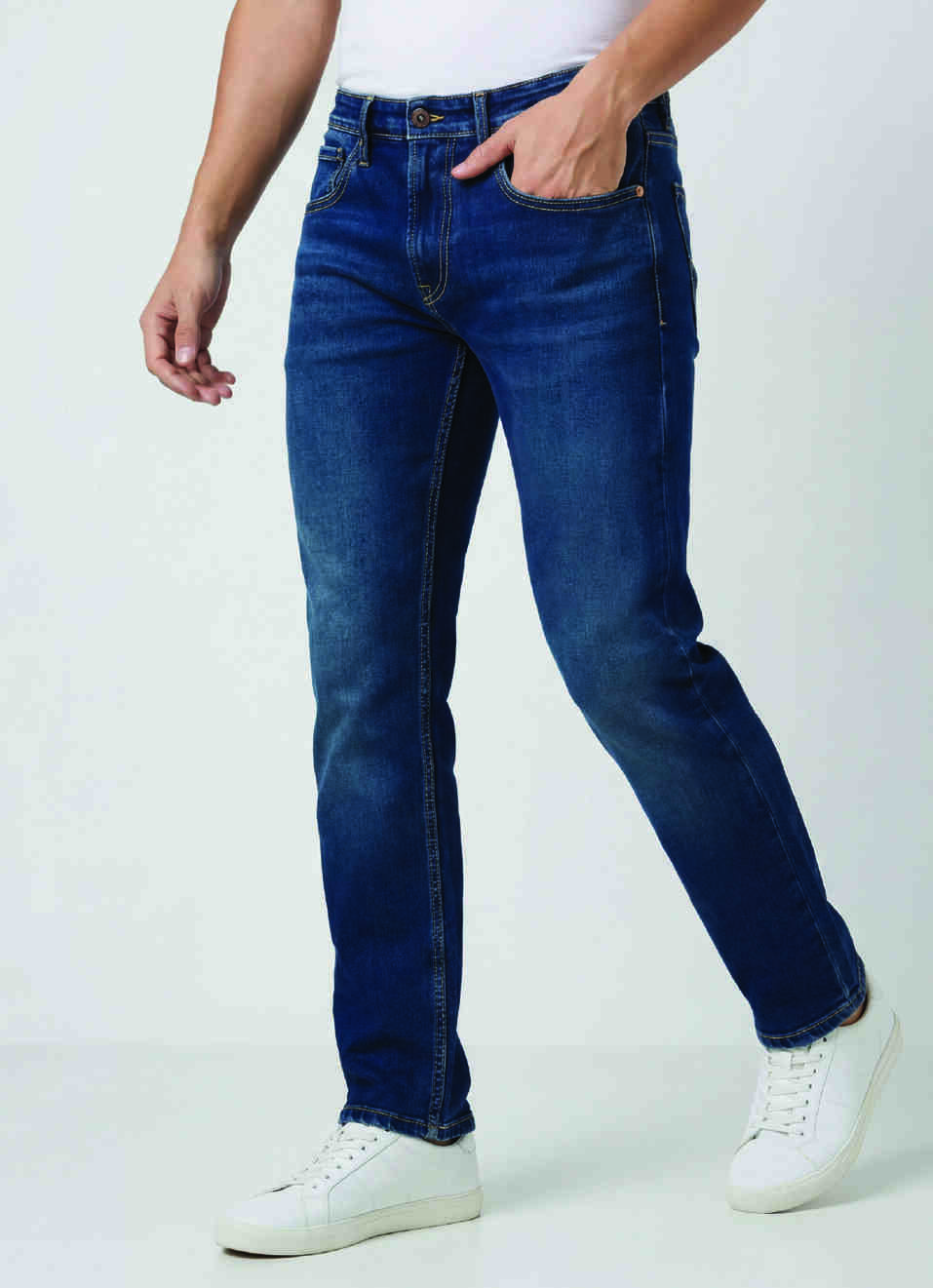 Men Blue Mid Rise Straight Fit Stretchable Jeans, , large image number 0