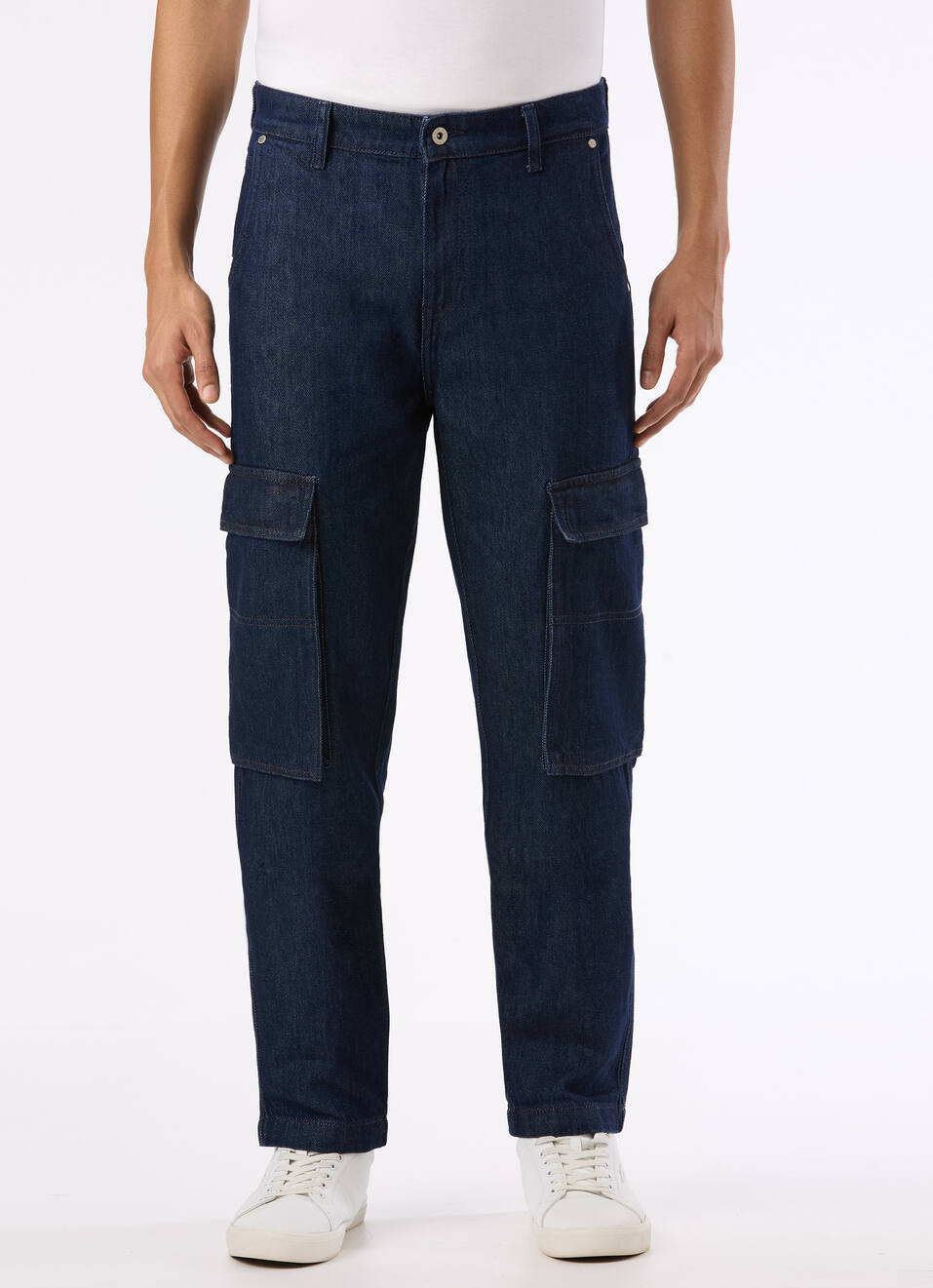 Men Dark Blue Mid Rise Straight Fit Cargo Denim, , large image number 1