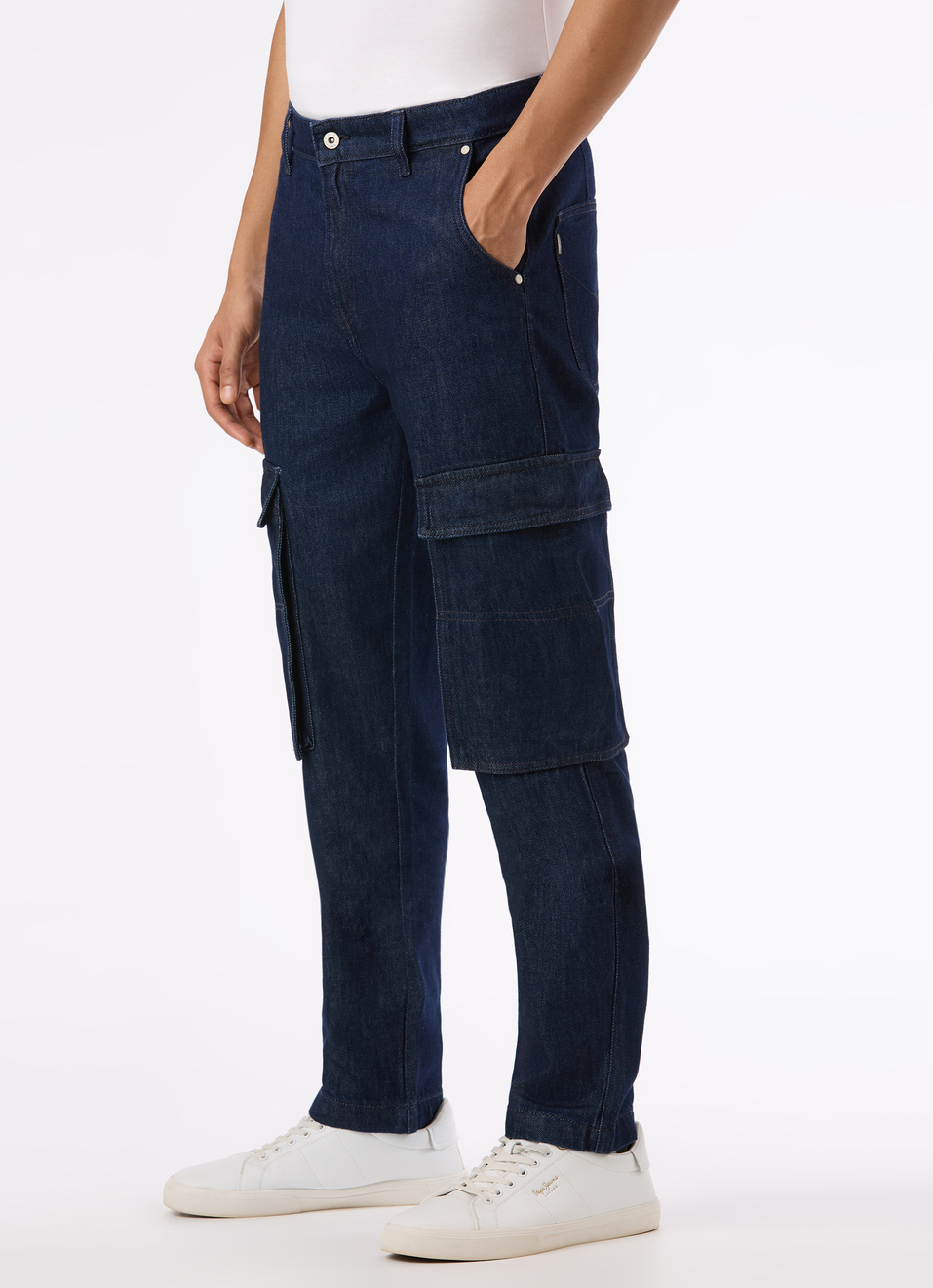 Men Dark Blue Mid Rise Straight Fit Cargo Denim, , large image number 3