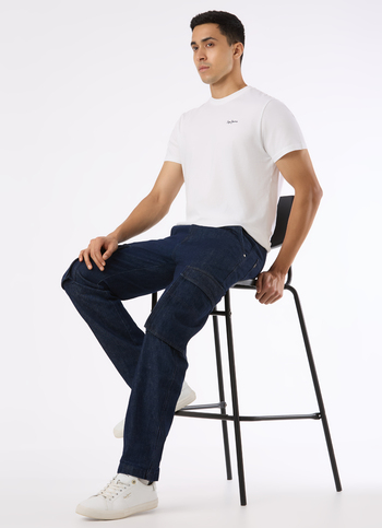 Men Dark Blue Mid Rise Straight Fit Cargo Denim