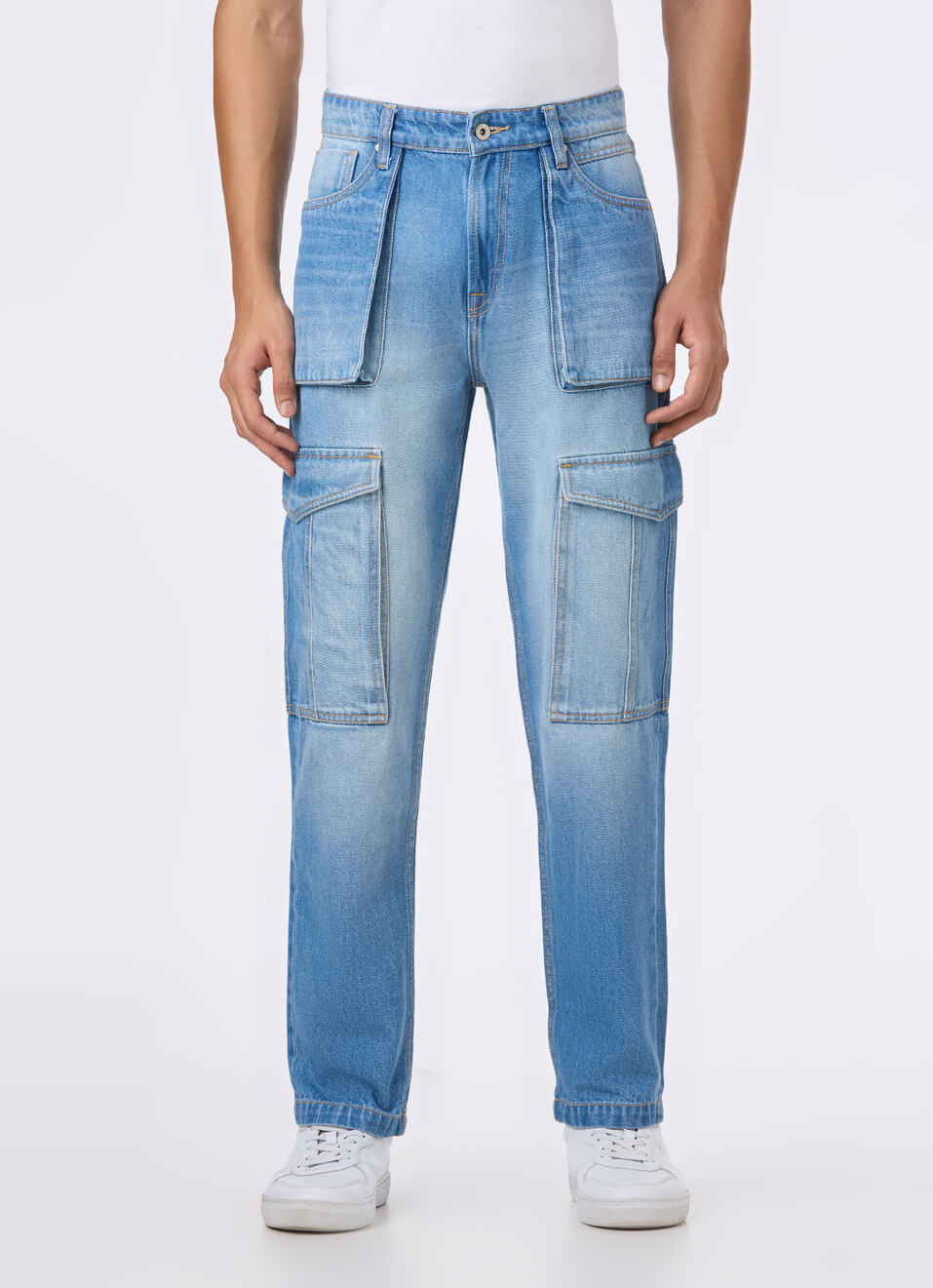 Men Light Blue Mid Rise Utility Cargo Jeans, , large image number 1