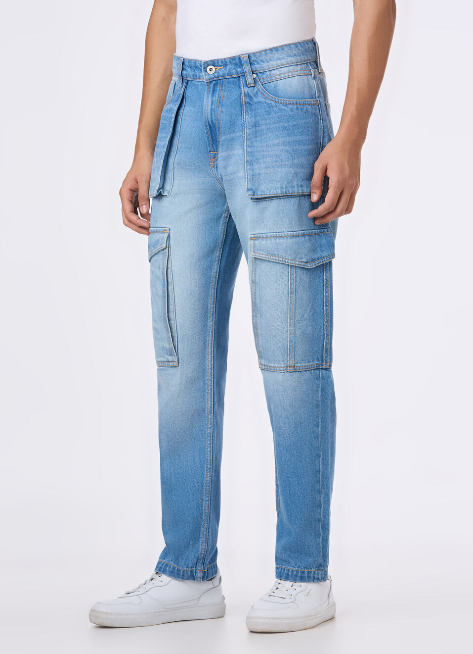 Men Light Blue Mid Rise Utility Cargo Jeans, , large image number 3