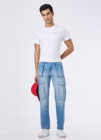 Men Light Blue Mid Rise Utility Cargo Jeans