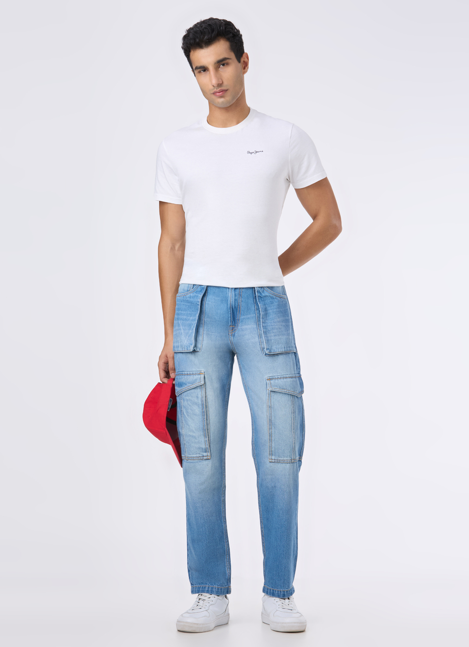 Men Light Blue Mid Rise Utility Cargo Jeans, , large image number 0