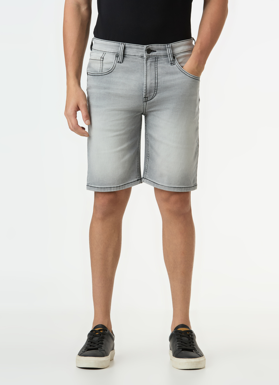 Men Grey Mid Rise Denim Shorts, , large image number 1
