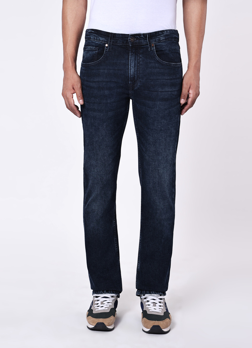 Men Dark Blue Mid Rise Stretchable Straight Leg Jeans, , large image number 1