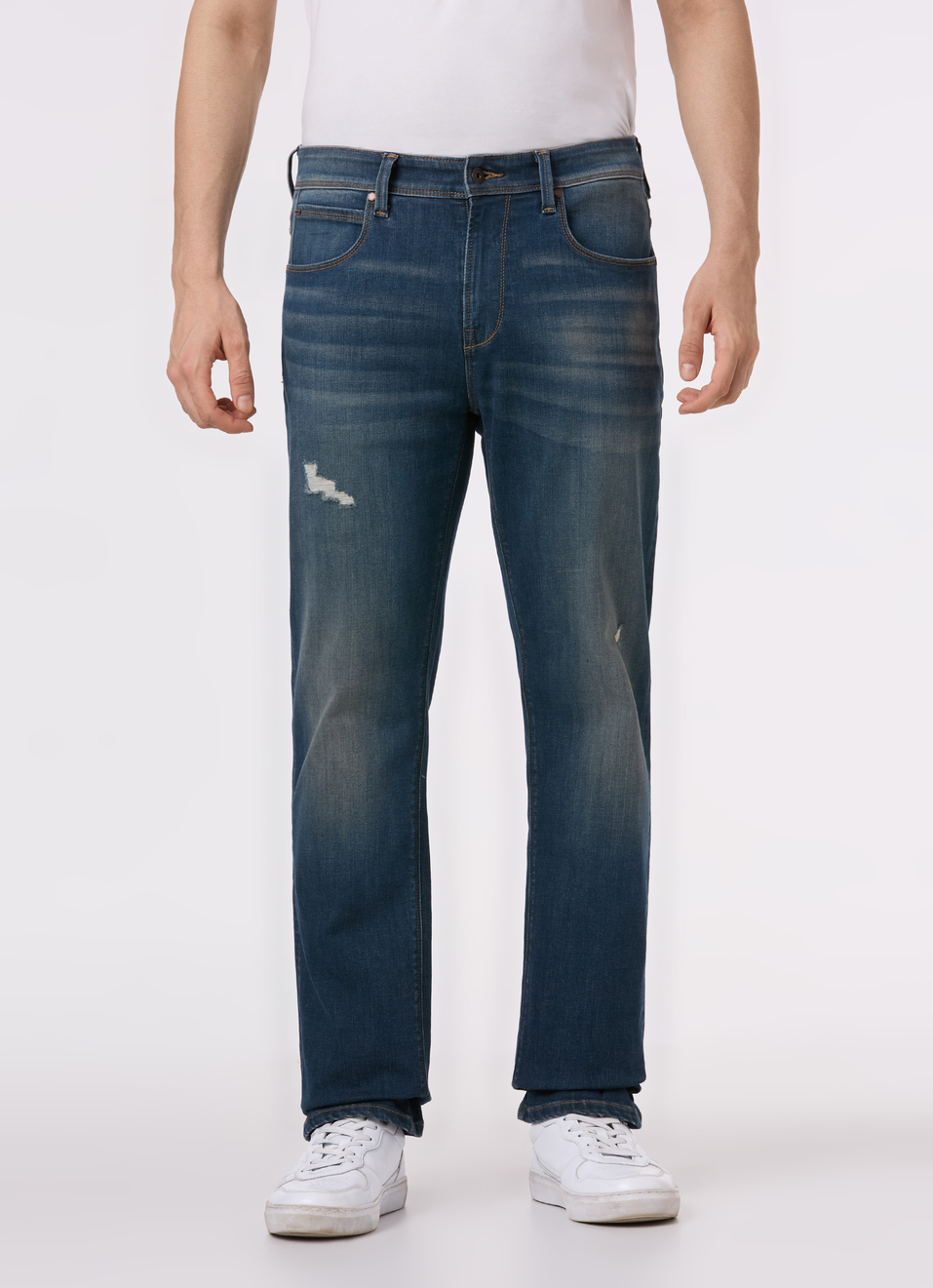 Men Blue Distressed Straight Fit Stretchable Jeans, , large image number 1