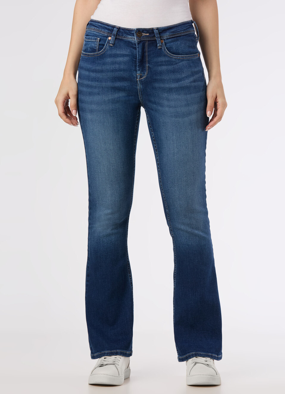Women Dark Blue Mid Rise Flared Stretchable Jeans, , large image number 1