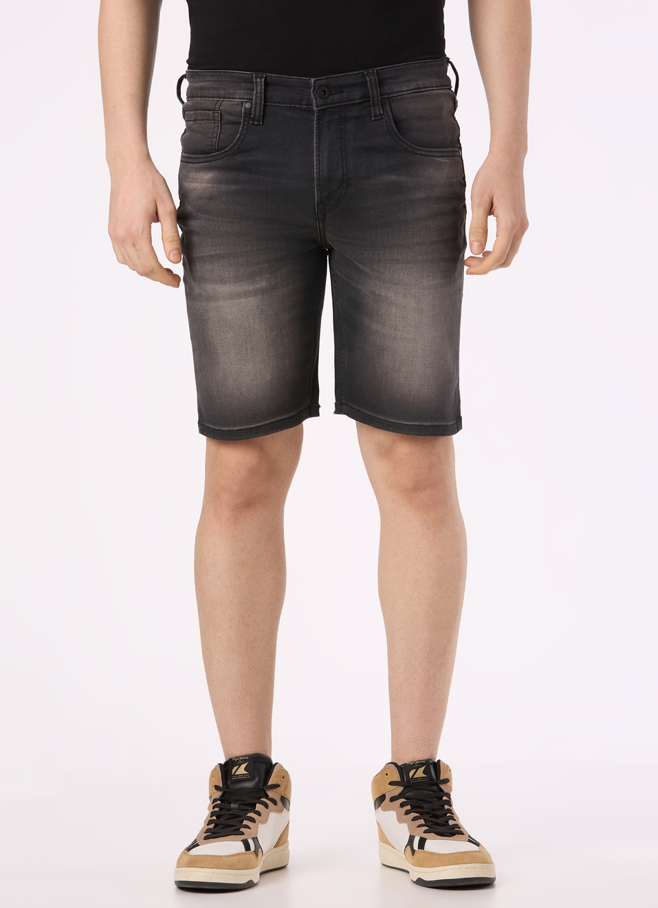 Men Black Washed Denim Short, , large image number 1