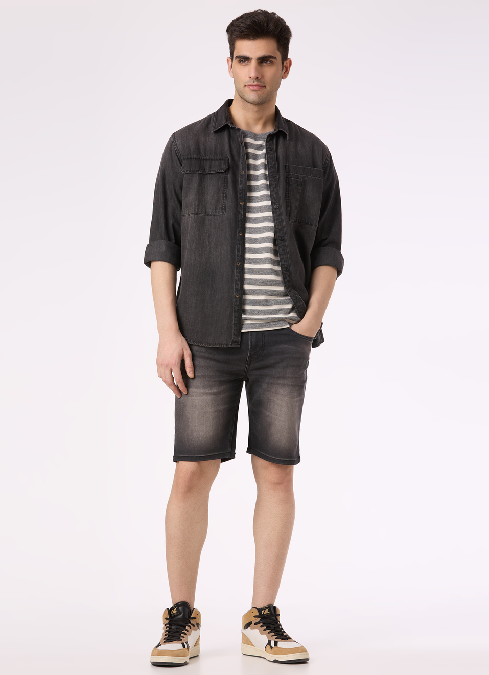 Men Black Washed Denim Short, , large image number 0