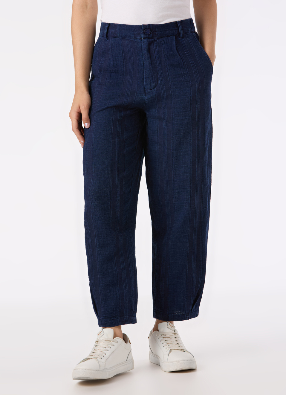 Women Blue High Rise Relaxed Fit Tapered Leg Textured Pant, , large image number 1