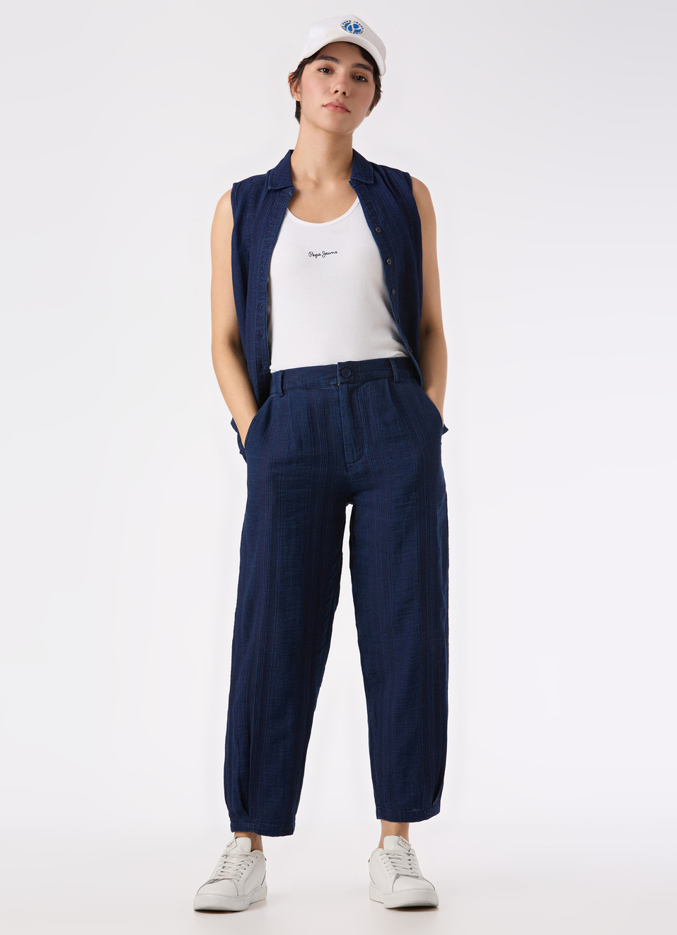 Women Blue High Rise Relaxed Fit Tapered Leg Textured Pant, , large image number 0