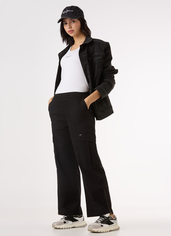 Women Black Cargo Pants Straight Fit With Zip Hem
