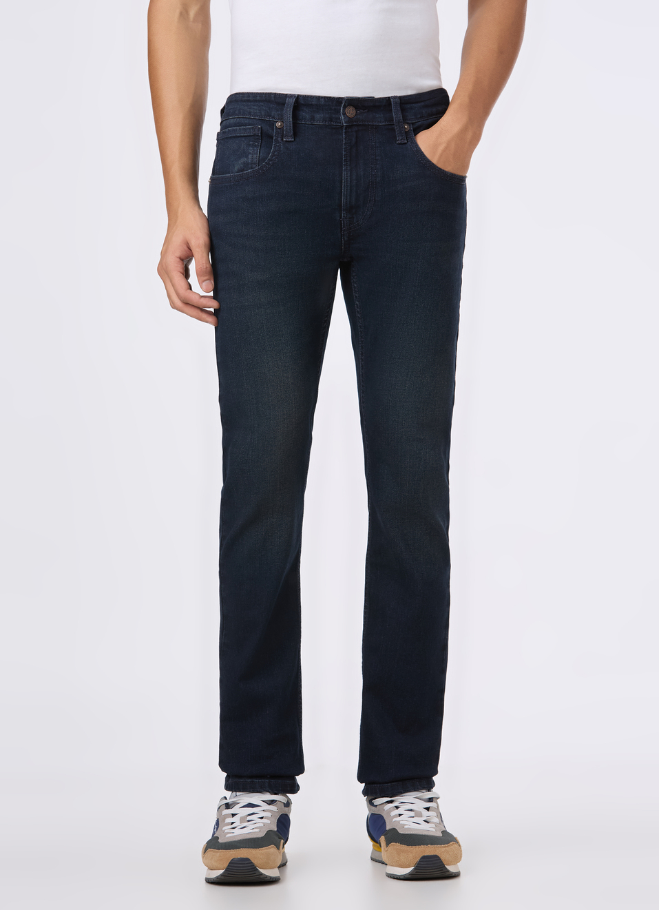 Men Dark Blue Mid Rise Slim Fit Stretchable Jeans, , large image number 1