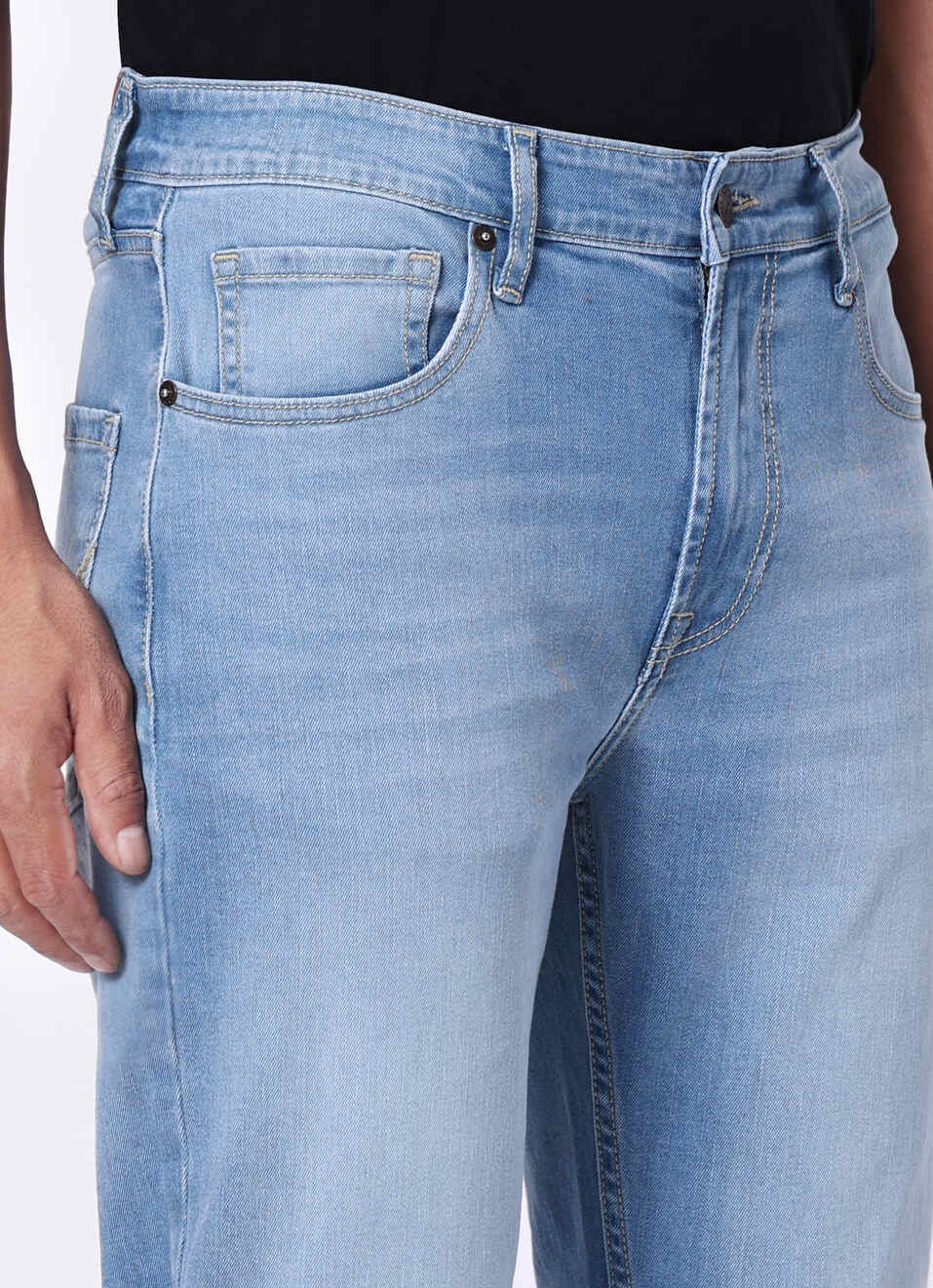 Men Light Blue Mid Rise Stretchable Straight Leg Jeans, , large image number 4