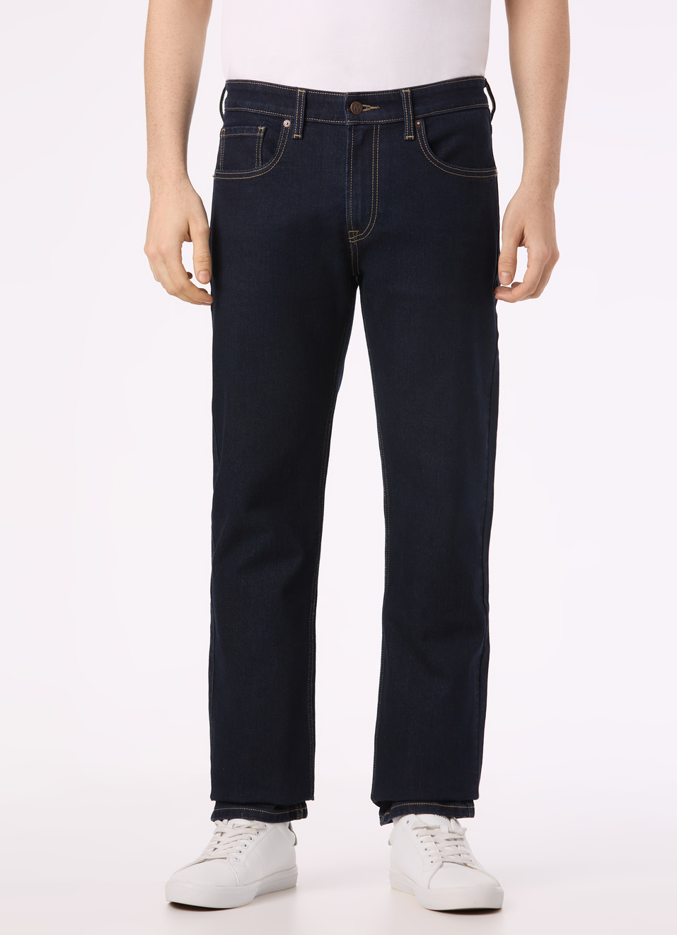 Men Dark Blue Mid Rise Straight Fit Stretchable Jeans, , large image number 1