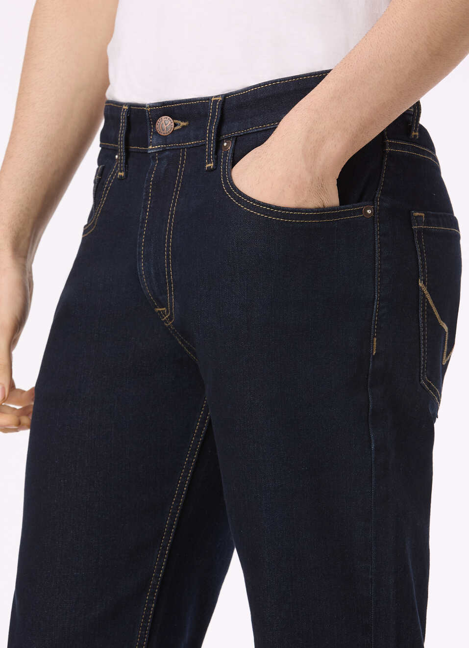 Men Dark Blue Mid Rise Straight Fit Stretchable Jeans, , large image number 4