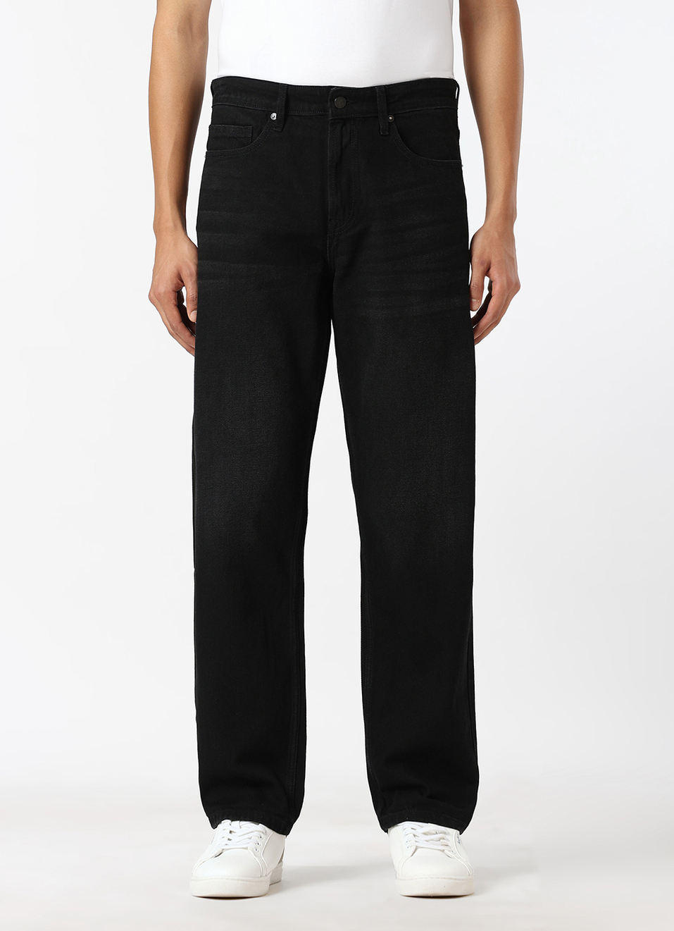 Men Black Baggy Fit Mid Rise Tapered Jeans, , large image number 6