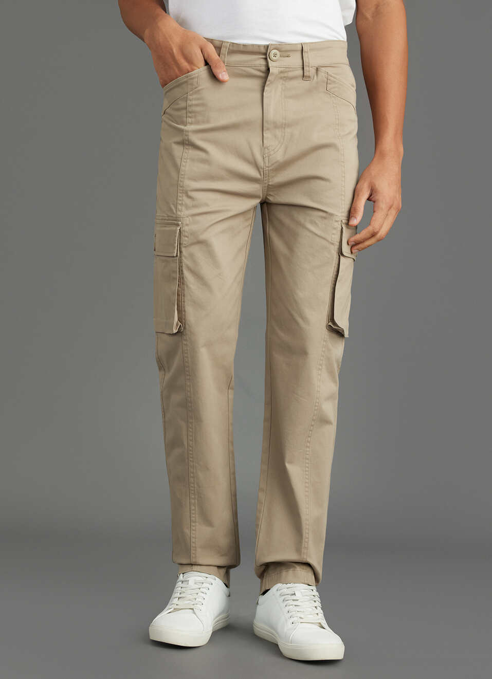 Men Khaki Beige Mid Rise Straight Fit Cargo Pants, , large image number 2