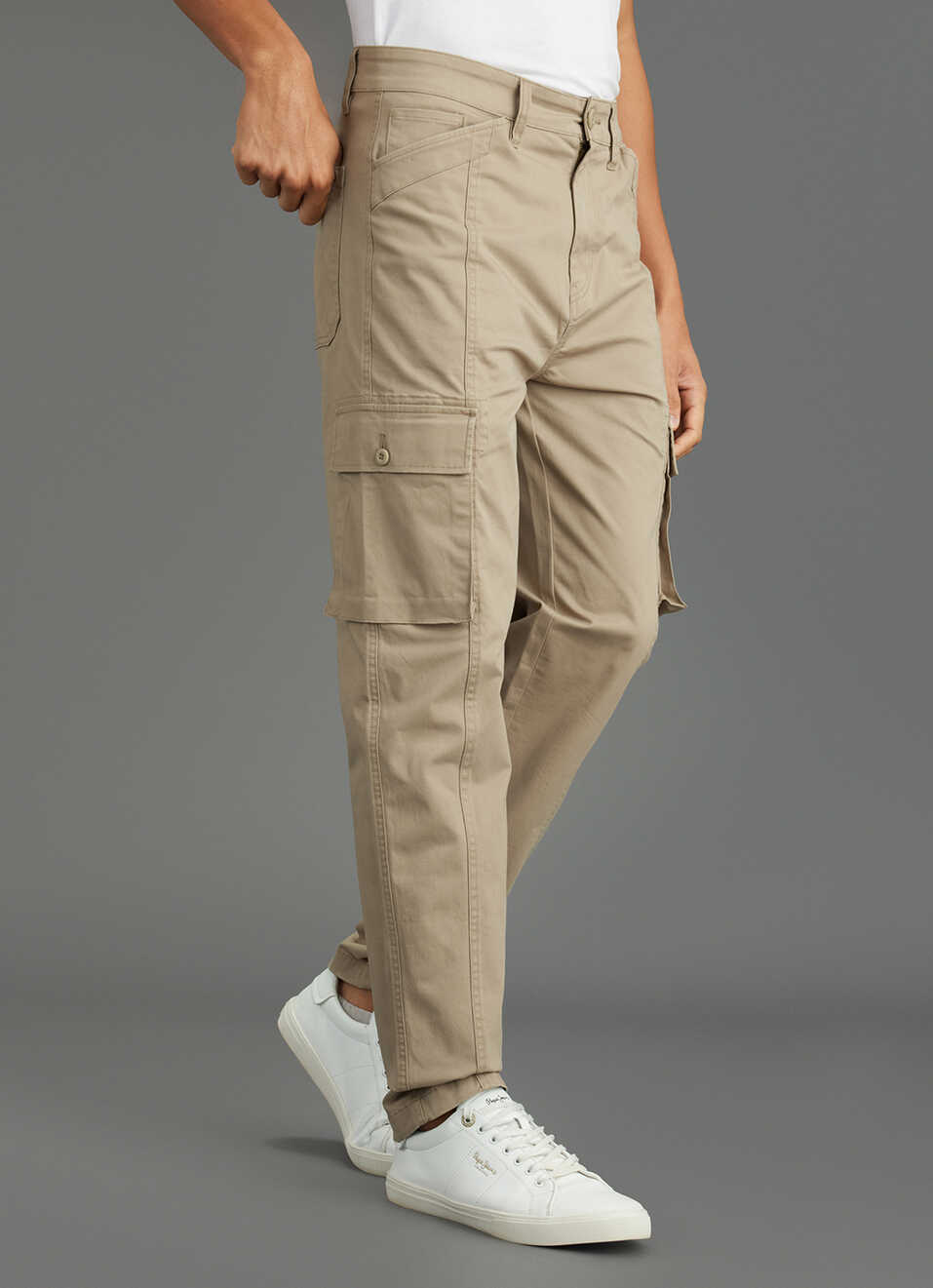 Men Khaki Beige Mid Rise Straight Fit Cargo Pants, , large image number 0