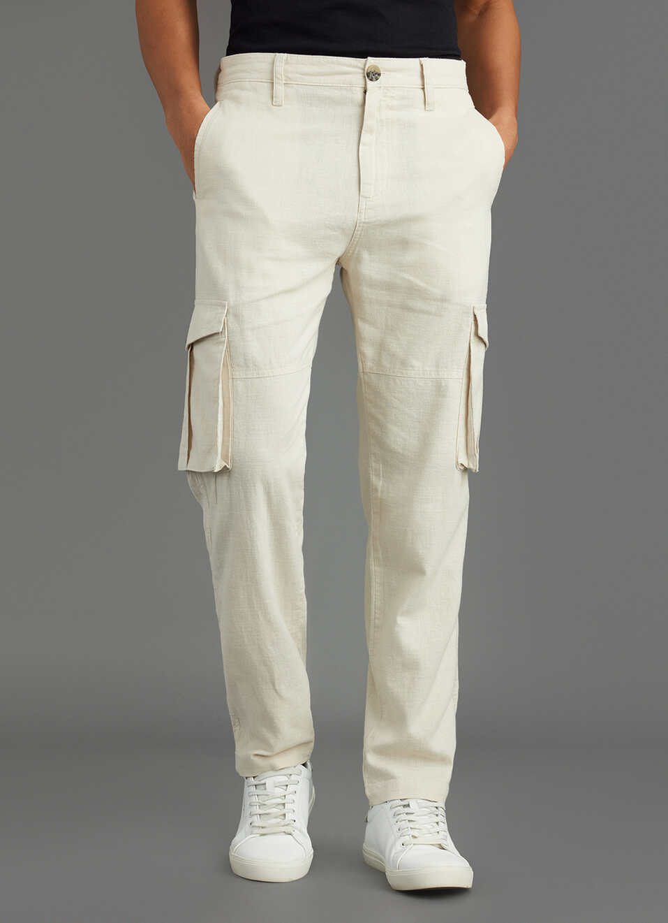 Men Beige Mid Rise Straight Fit Cargo Pants, , large image number 2