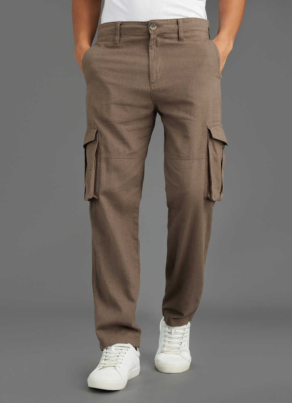 Men Brown Mid-rise Straight Fit Cargo Pants, , large image number 2