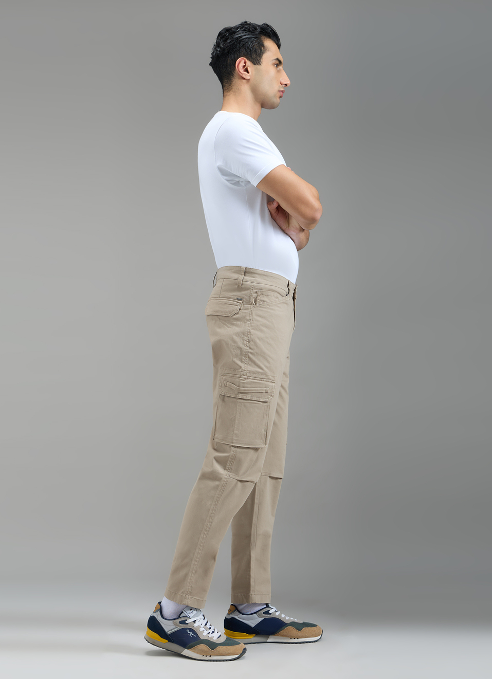 Men Khaki Beige Mid Rise Straight Fit Cargo Pants, , large image number 6