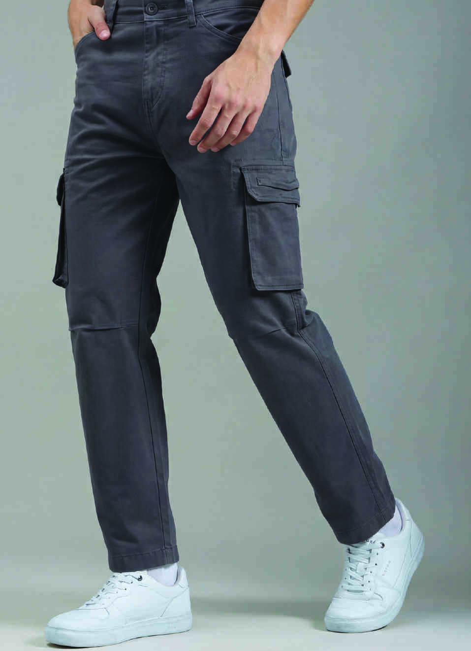 Men Dark Grey Stretchable Cargo Pants, , large image number 0
