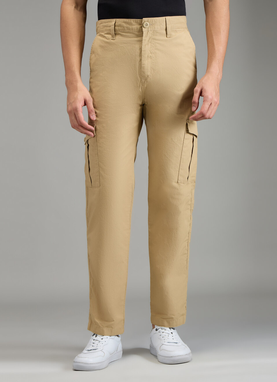 Men Khaki Beige Mid Rise Straight Fit Cargo Pants, , large image number 1