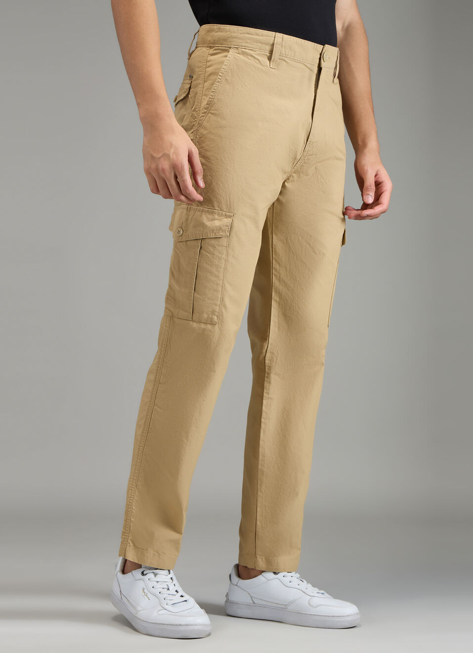 Men Khaki Beige Mid Rise Straight Fit Cargo Pants, , large image number 3