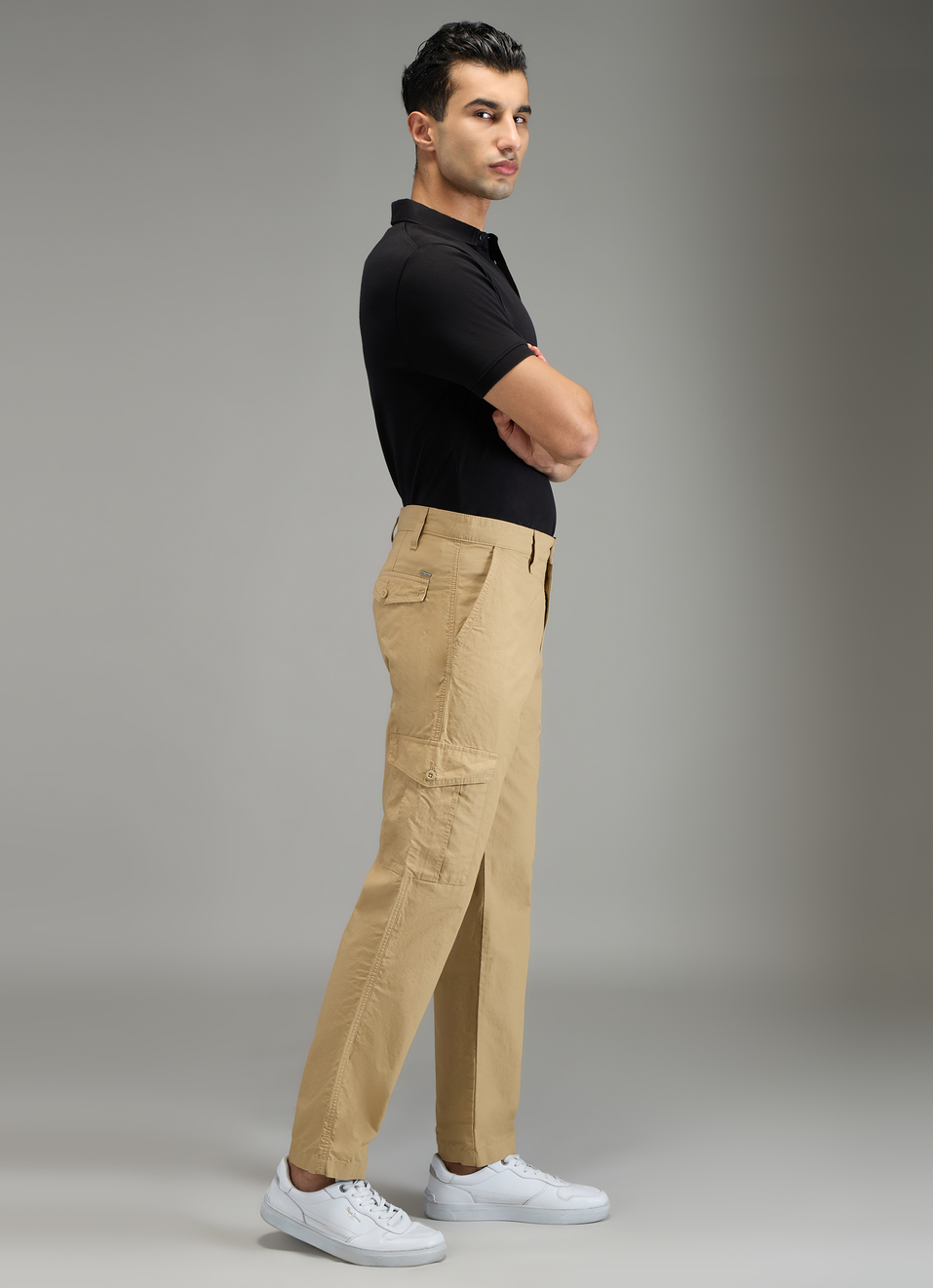 Men Khaki Beige Mid Rise Straight Fit Cargo Pants, , large image number 6