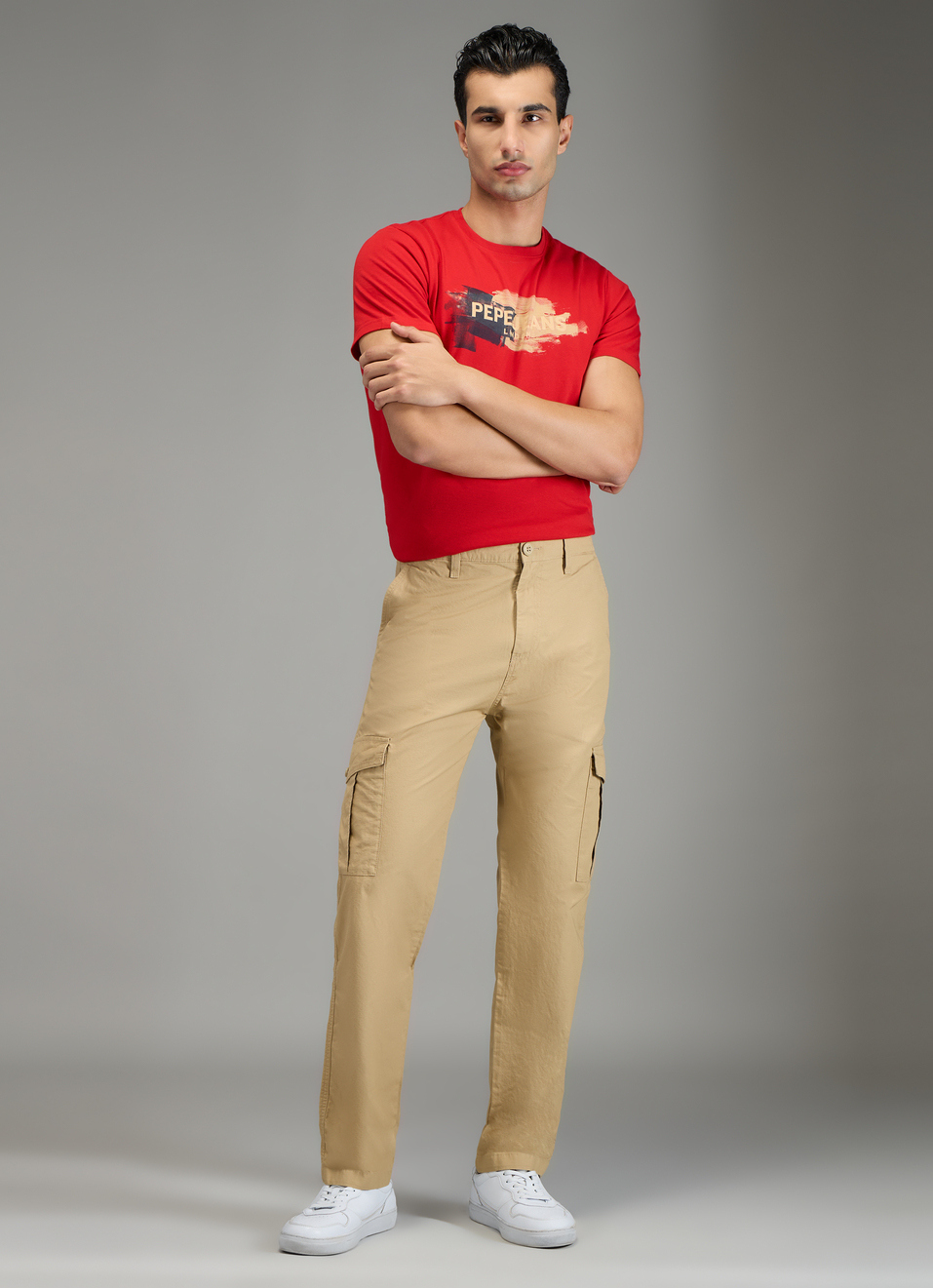 Men Khaki Beige Mid Rise Straight Fit Cargo Pants, , large image number 0