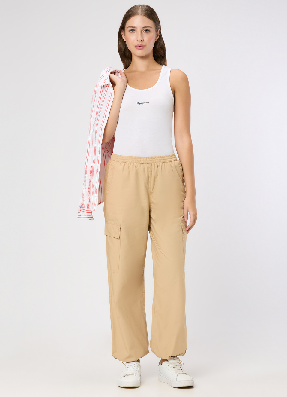 Women Beige High Rise Wide Leg Cargo Pants, , large image number 0
