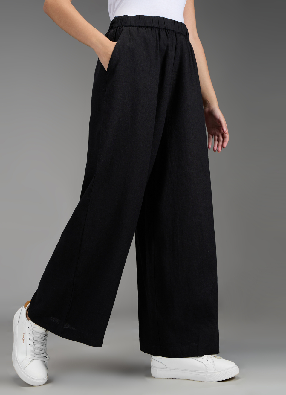 Women Black Solid Wide Leg High Rise Pants, , large image number 0